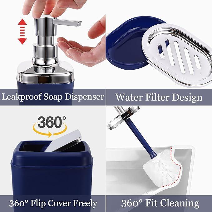XLHOMO Navy Blue Bathroom Accessories Set, 9-Piece Plastic Gift Set with Trash Can, Toothbrush Holder, Toothbrush Cup, Soap Dispenser, Soap Dish, Toilet Brush Holder,2 Qtip Holder Dispensers and Tray - ModernBath