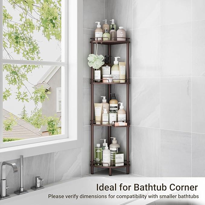 ELYKEN Corner Shower Caddy Standing, 4 Tier Rustproof Metal Shower Organizer with Soap Holder, Floor Shower Corner Shelf Rack Storage Stands with Adjustable Feet & 2 Hooks for Bathroom, Bronze - ModernBath