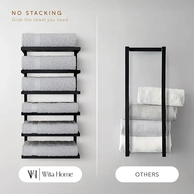 Modern Tiered Towel Rack - Wall-Mounted Metal Towel Shelf for Bathroom, Space-Saving Storage for Towels, Organizers, and Home Decor (Black, 6-Tier) - ModernBath