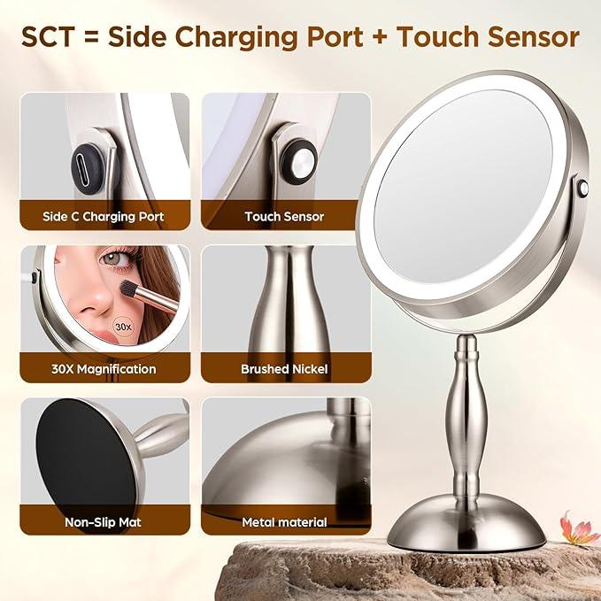 Makeup Mirror with Light, 30x Magnifying Mirror with 3 Lights Colors, 5000mAh Vanity Mirror Brushed Nickel - 360° Rotation, Brightness Adjustable Magnification, Modern Style Side Touch + Side Charge - ModernBath