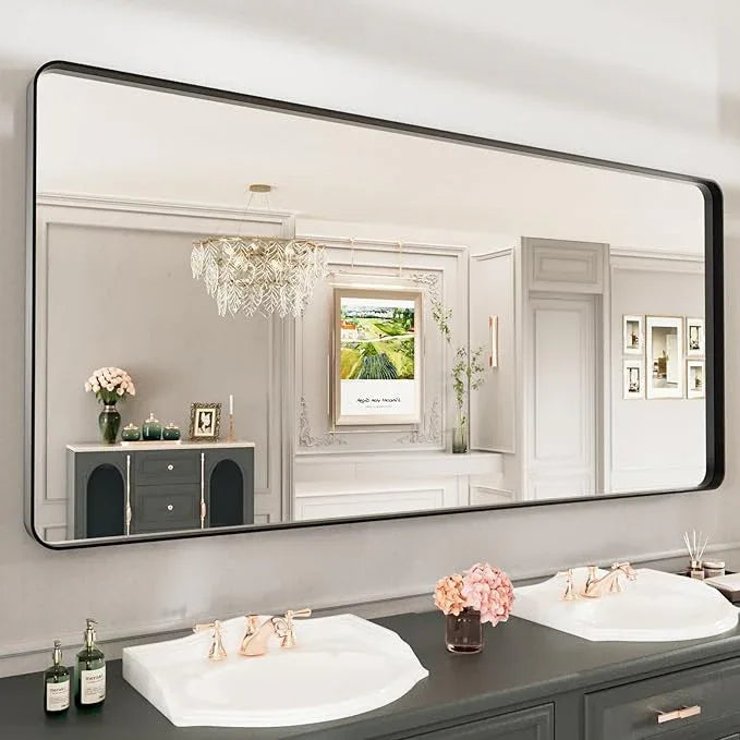 LOAAO 77X36 Inch Black Metal Framed Bathroom Mirror for Wall, Matte Black Bathroom Vanity Mirror Farmhouse, Large Rounded Rectangle Mirror, Anti-Rust, Tempered Glass, Hangs Horizontally or Vertically - ModernBath