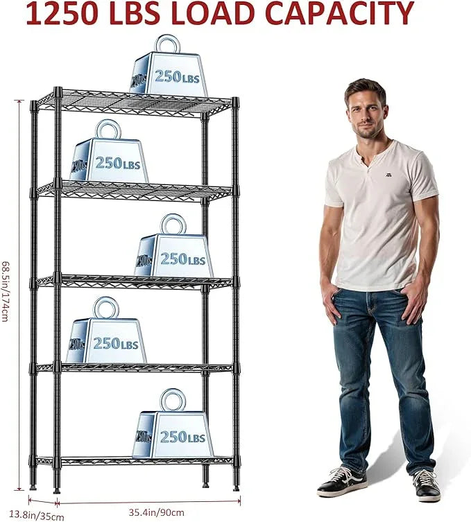 IZEUK 5 Tier Black Metal Storage Shelves, Heavy Duty Wire Shelving Rack for Garage, Kitchen, Bathroom, or Laundry Organization, 1250 lbs Capacity, 13.8" D x 35.4" W x 68.5" H - ModernBath