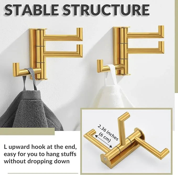 APLusee Brushed Gold Swivel Towel Hook 2 Pack, 304 Stainless Steel Triple Clothes Hook, Wall Mount - ModernBath
