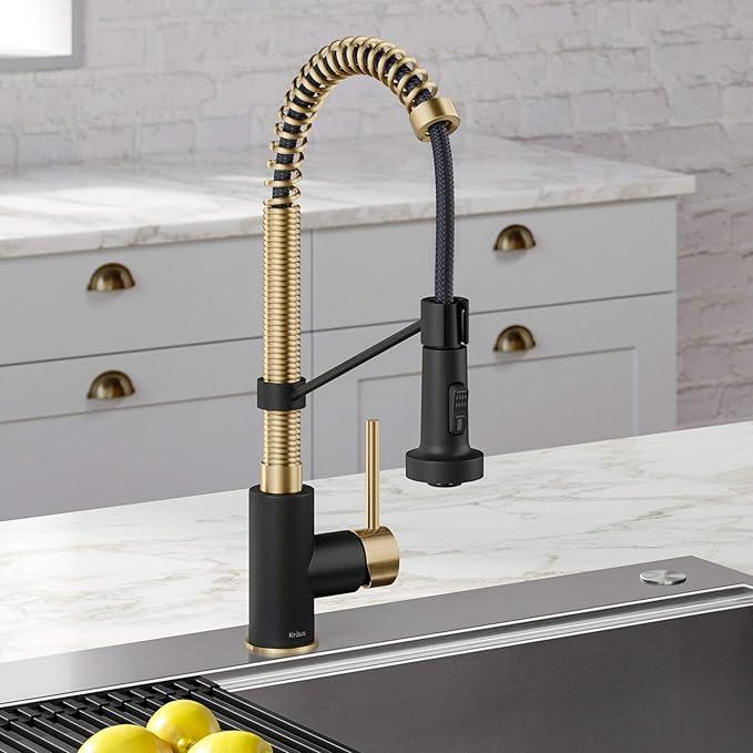 KRAUS Bolden Commercial Style 2-Function Single Handle Pull Down Kitchen Faucet in Spot-Free Antique Champagne Bronze/Matte Black, KPF-1610SFACBMB - ModernBath