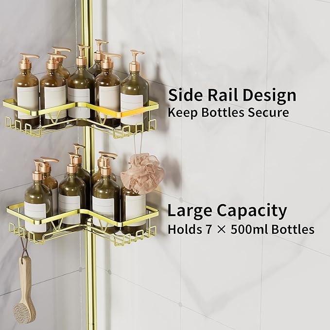 KEGII Corner Gold Shower Caddy Tension Pole - 4-Tier Rustproof Shower Rod Organizer, Floor to Ceiling Tension Rod 25-114.2 inch, Stainless Steel Corner Shower Shelf, Waterproof - ModernBath