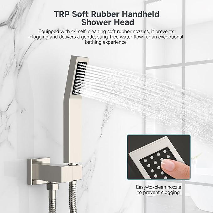 SR SUN RISE Shower Faucet Set & System - 10 Inch Rainfall Shower Head & Handle Set Wall Mounted Brushed Nickel Solid Brass Valve Trim Kit Included - ModernBath