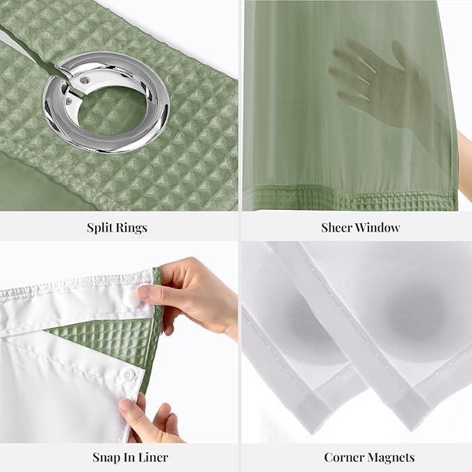 River Dream Sage Green Fabric Shower Curtain Set, Cotton Blend, Waffle Weave, with Snap in Replacement Liner，71 x 86 inches - ModernBath