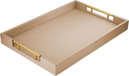 ATZYmolin 17" x 12" Wood Serving Tray with Gold Polished Metal Handles, Home Decorative Wooden Rectangle Ottoman Leather Decor Platter Bathroom Vanity Tray for All Occasions Khaki - ModernBath