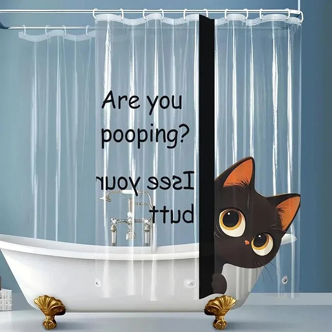 Clear Cute Funny Black Cat Shower Curtain Liner, Are You Pooping Shower Curtain, Fun Anime Cat Shower Curtains for Bathroom, 72x78 Plastic Cool Summer Shower Curtain Set with Weighted Magnets 12 Hooks - ModernBath