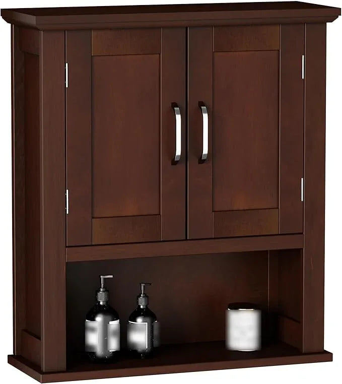ChooChoo Wood Wall Cabinet with Doors, Medicine Cabinet with Adjustable Shelves Over The Toilet, Rustic Cabinet Wall Mounted for Bathroom, Kitchen, Living Room, Dark Cherry - ModernBath
