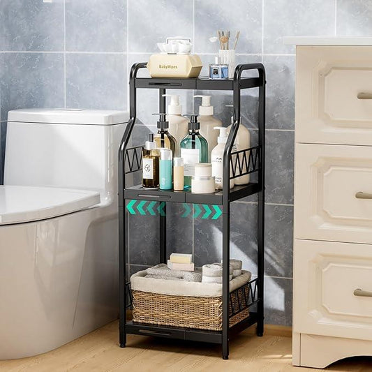 HapiRm Bathroom Shelf Unit Organizer - 3 Tier Expandable Narrow Shelf, Metal Free-Standing Shelves, Open Floor Rack Slim Storage Cabinet, Ideal for Bathroom, Laundry, Kitchen Organization (Black) - ModernBath