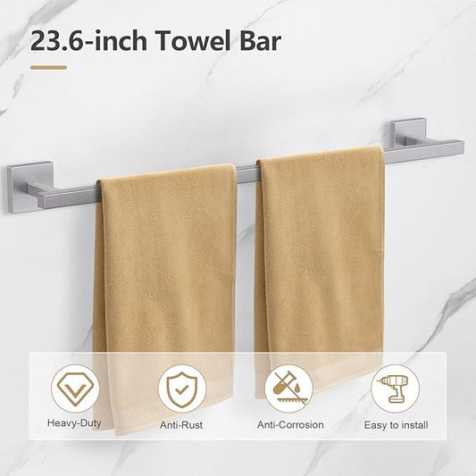 TQKAG 5-Pieces Brushed Nickel Bathroom Hardware Accessories Set 23.6" SUS304 Stainless Steel Towel Bar Set Wall Mounted Square Toilet Paper Holder with Shelf - ModernBath