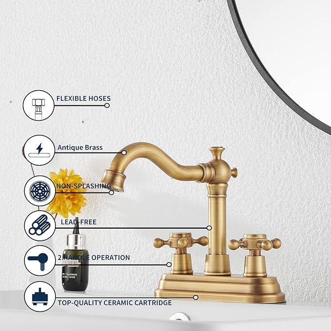 Bathroom Faucet Antique Brass GGStudy 2 Handles 4 Inches Centerset Bathroom Vanity with Drain Assembly and Supply Hose Lavatory Faucet Mixer Double Handle Tap - ModernBath