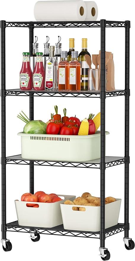 4 Tier Shelves Storage Shelf Wire Closet Bathroom Organizers Metal Pantry Kitchen Garage Shelving Unit Laundry Room Organization Home Rack Net Basket Black with Wheels 14”D X 24”W X 48.9”H - ModernBath