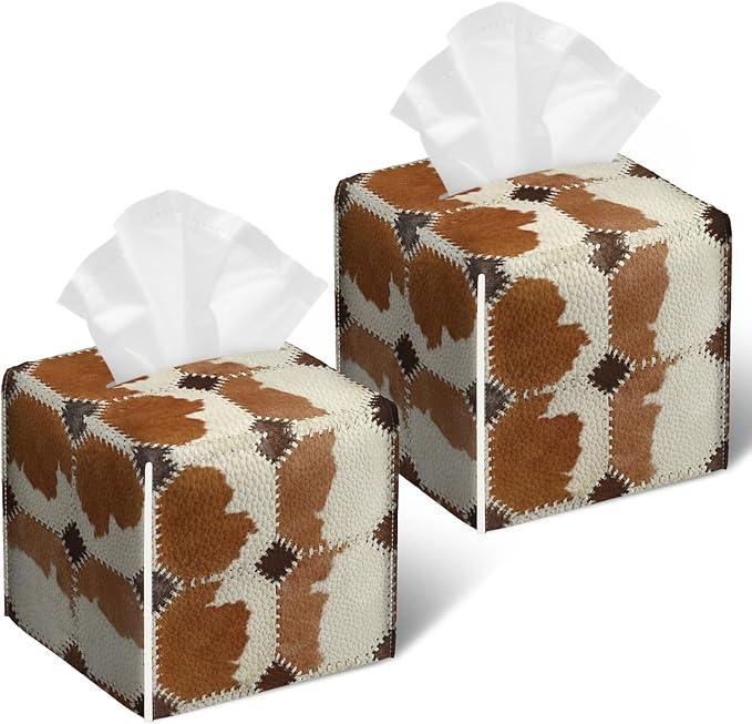 Brown Cowhide Tissue Box Cover 2PCS, Cow Skin Leather Tissue Box Holder Square Facial Paper Case Tissue Box Cube Organizer for Bathroom Bedroom Desk Office - ModernBath