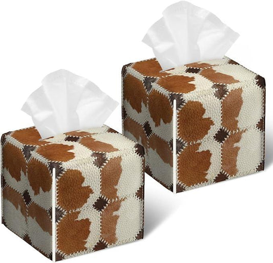 Brown Cowhide Tissue Box Cover 2PCS, Cow Skin Leather Tissue Box Holder Square Facial Paper Case Tissue Box Cube Organizer for Bathroom Bedroom Desk Office - ModernBath