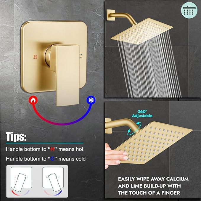 Heyalan 8 Inch Shower Head and Handle Set Square Shower Faucet Set Bathroom Rainfall Shower Faucet Set Stainless Steel Showerhead Single Function Shower Trim Kit,Male Thread Valve,Brushed Gold - ModernBath
