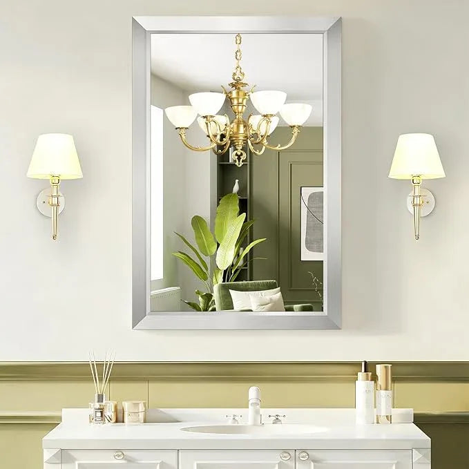 Bathroom Mirror for Over Sink,24x36Inch Silver Thick Anti-Rust Metal Frame, Rectangle Decorative Wall Mirror with HD Tempered Glass, Horizontal or Vertical Mount for Vanity, Bathroom,Living Room - ModernBath