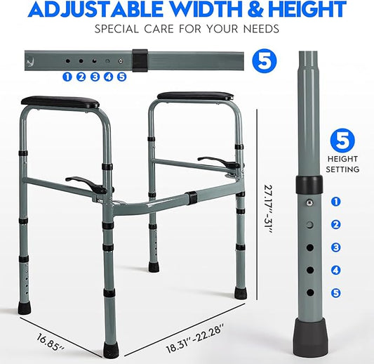 Toilet Safety Rail for Seniors – Adjustable & Foldable Toilet Safety Frame with Padded Handles, Stand Alone Bathroom Safety Rail & Toilet Support for Elderly, Fits Most Toilets, 350 lb Capacity
