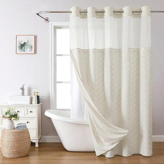eachope Long No Hook Tufted Chevron Striped Shower Curtain with Snap-in Fabric Liner set-71Wx80H(78H),Cream Hotel Grade Boho Style Shower Curtain with See Through Top Window,Water Repellent - ModernBath