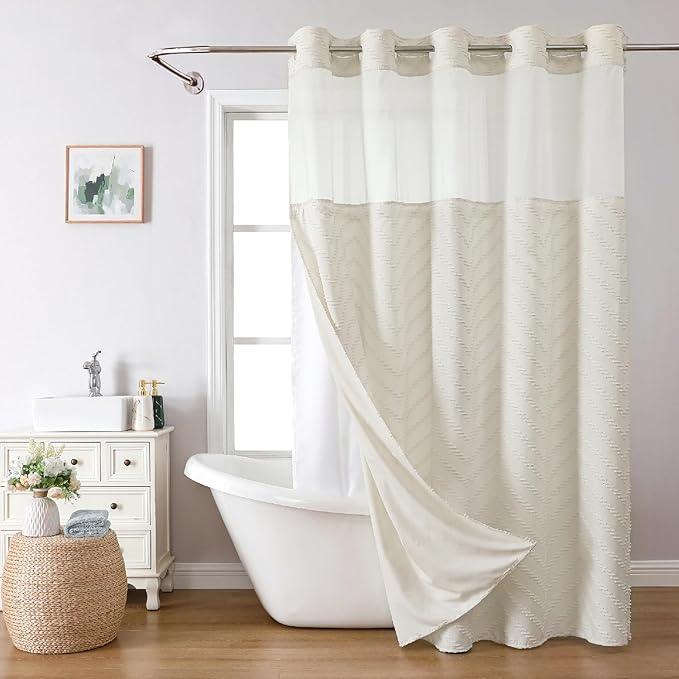 eachope Extra Long No Hook Tufted Chevron Striped Shower Curtain with Snap-in Fabric Liner set-71Wx98H(96H),Tall Hotel Grade Boho Style Shower Curtain,Water Repellent,Cream - ModernBath