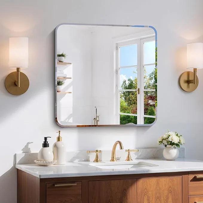 CILIBER Frameless Mirror, 24x24 Beveled Bathroom Mirrors for Over Sink, Square Frameless Wall Mirror Rounded Corner, Shatterproof Tempered Glass Lightweight Design for Bedroom Living Room Entryway - ModernBath