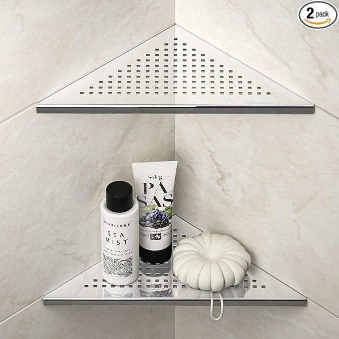 Corner Shower Shelf, 10" Polished 304 Stainless Steel Recessed Shelves for Bathroom, Grout in Shelf Racks for Tiled Wall, 2 Pack - ModernBath