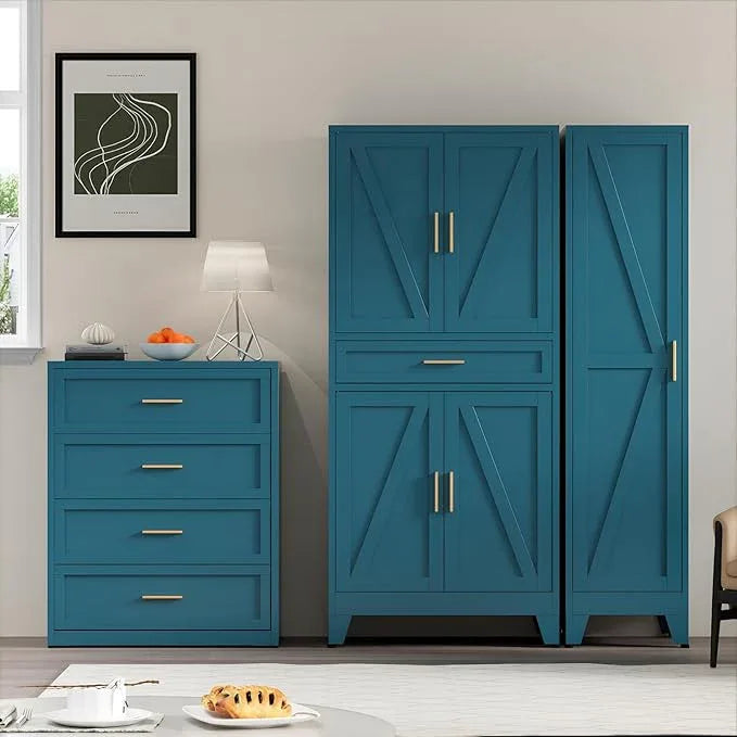 COFaR Farmhouse Storage Kitchen Pantry Cabinet with 4 Barn Door, 4 Adjustable Shelves, Drawer and Legs, for Cupboard/Dining Room/Bathroom/Living Room/Office/Laundry Room(Blue Green, 71" Metal Cabinet) - ModernBath