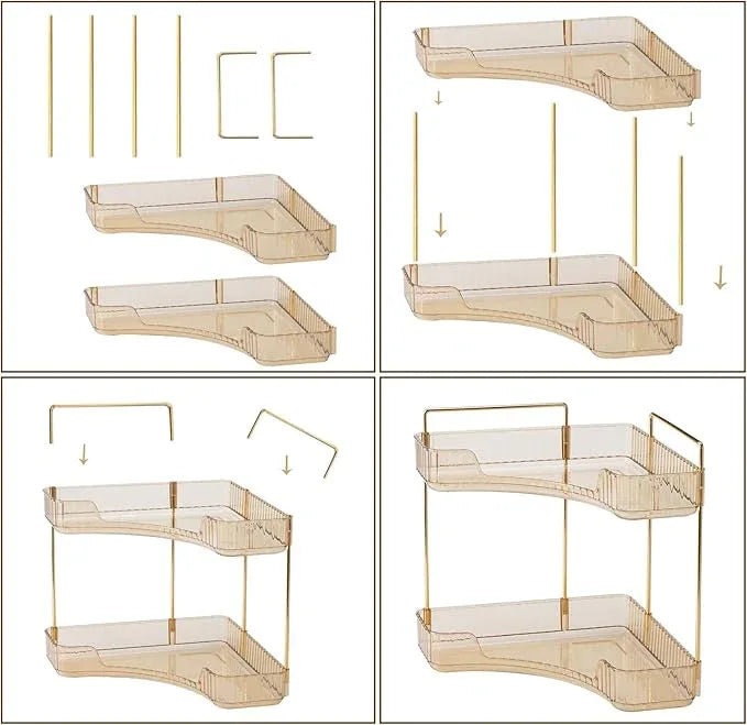 shuang qing 2-Tier Corner Bathroom Counter Organizer – Classic Storage Shelf for Makeup, Perfume & Toiletries, Space-Saving Countertop Tray Fits Bathroom, Dresser, Kitchen (Vintage Gold) - ModernBath