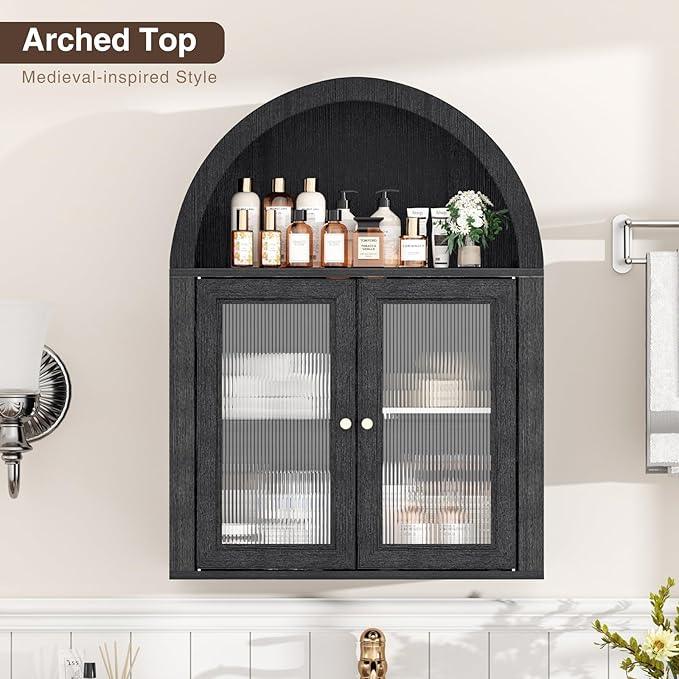 Arched Bathroom Cabinet, Wall Mounted Bathroom Cabinet with Tempered Glass Doors and Adjustable Shelf, for Kitchen, Living Room, Laundry Room, Restroom, Black - ModernBath