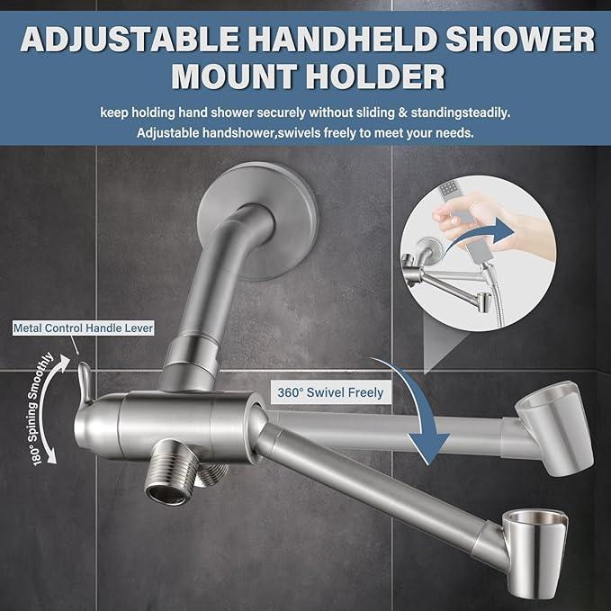 All Metal Shower Diverter Valve with Handshower Holder, YDmeet Upgraded 3 Way Shower Head Diverter for Handheld and Fixed Rain Showerhead, Universal G1/2 shower Diverter Bathroom Part, Brushed Nickel - ModernBath