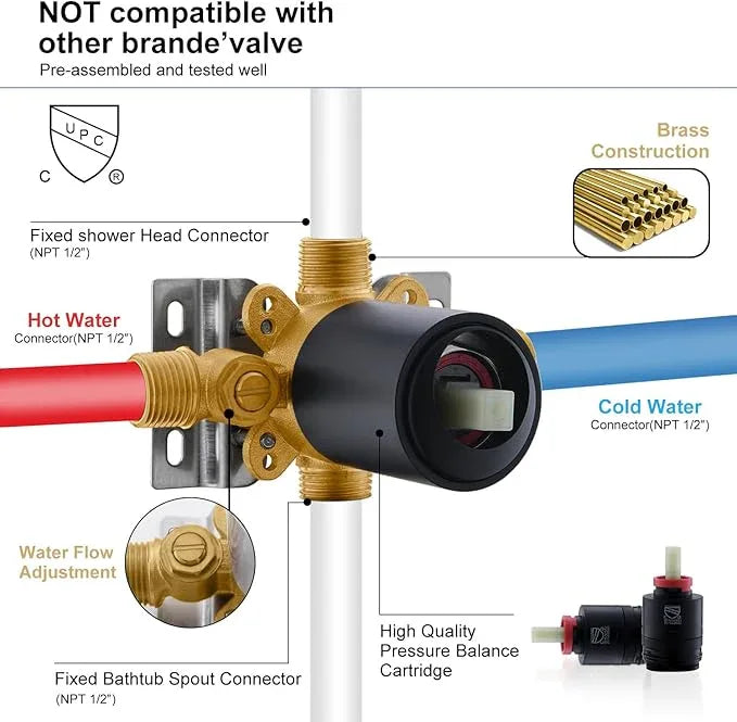 KENES Tub Shower Faucet Set Complete, Matte Black Tub and Shower Trim Kit with 6-Inch Rain Shower Head, Square Shower System, KE-6025A-2 (Shower Valve Included) - ModernBath