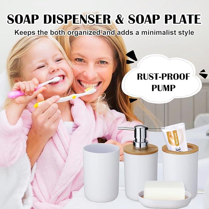 iMucci Bathroom Accessories Set with Trash Can,Toilet Brush,Toothbrush Holder, Lotion Soap Dispenser, Soap Dish,Toothbrush Cup,Qtip Holder(8Pcs White Wood Cover) - ModernBath