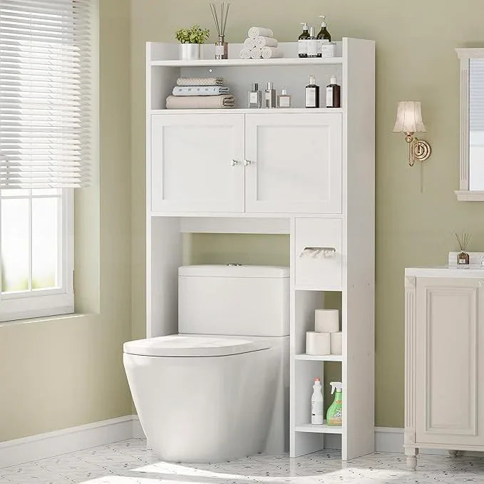 MU Over The Toilet Storage Cabinet with Doors, 32" Bathroom Storage Organizer with Side Shelves, Space-Saving Toilet Storage Rack for Bathroom, Laundry (White) - ModernBath