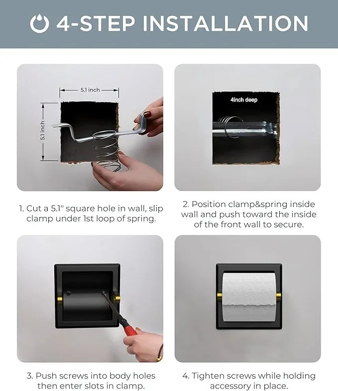 FORIOUS Recessed Toilet Paper Holder, Stainless Steel Durable Tissue Roll Holder Wall Mount for Bathroom Space Saving Design with Mounting Bracket, Wall Square Toilet Paper Dispenser, Black&Gold - ModernBath
