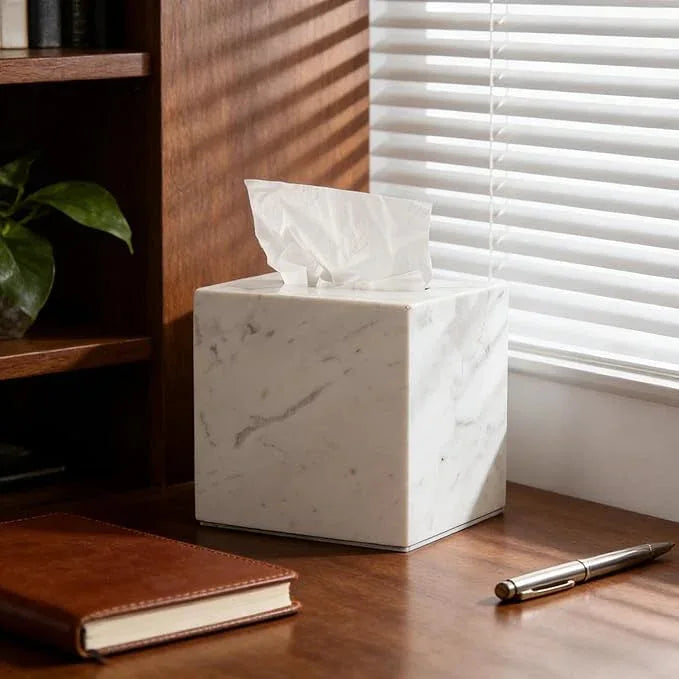 Natural Marble White Tissue Box Cover, Heavy Duty Nature Stone Tissue Box Holder, Elegant & Luxurious Grey Square Toilet Tissue Box Holder for Bathroom, Bedroom, Living Room, Office - ModernBath