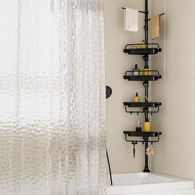 32-122inch Corner Shower Caddy Tension Pole with Shower Curtain, Rustproof Drill-Free Adjustable Shower Shelves for Bathroom Bathtub Washbasin, with 4 Tier Patent Stable Shelves & Towel Bars - ModernBath