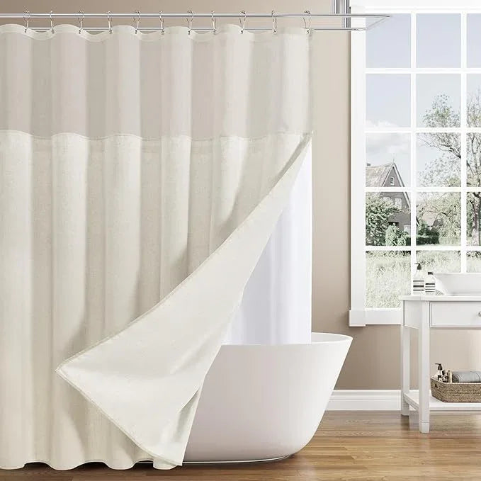 Naturoom Extra Long Shower Curtains 84 inches Linen Shower Curtain with Snap in Liner Set Boho Farmhouse Heavy Duty Textured Burlap Cloth Double Bath Curtains with See Through Top Window 72x84 - ModernBath
