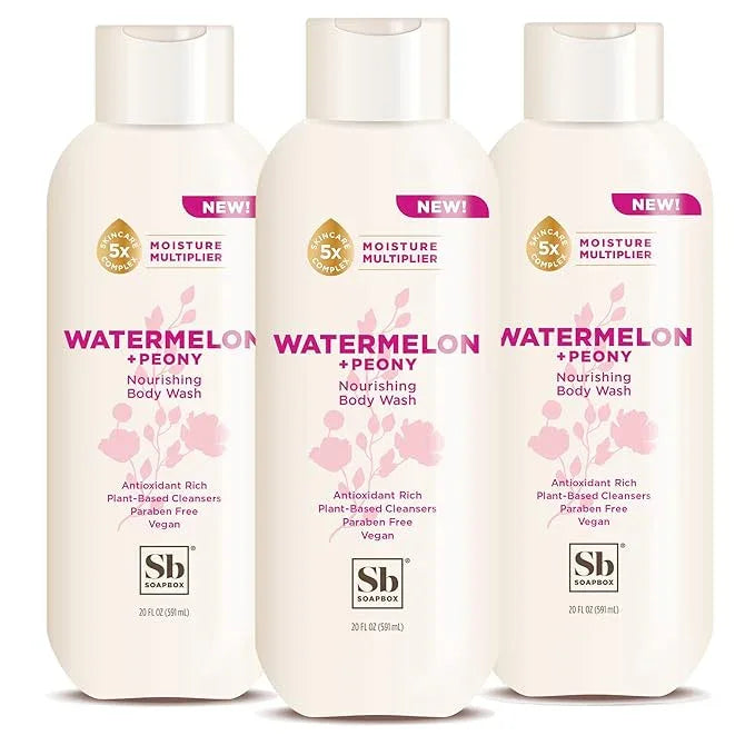 Soapbox Body Wash, Watermelon + Peony Body Wash for Women, Men, Vegan & Antioxidant Rich, Exfoliating, Moisturizing Soap with Shea Butter, Peptides & Keratin Promoting B3, 3 Pack, 20oz Each - ModernBath