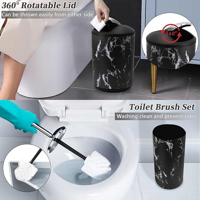 XLHOMO Black Marble Bathroom Accessories Set, Black Bathroom Set with Trash Can, Vanity Tray, Soap Dispenser, Soap Dish, Toothbrush Holder, Toothbrush Cup, Toilet Brush and Qtip Holders for Bathroom - ModernBath