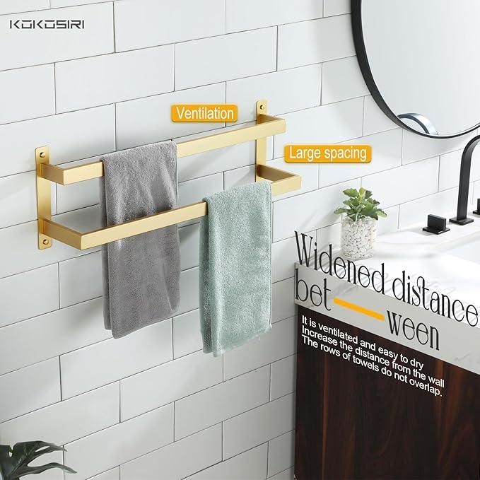 KOKOSIRI Bath Towel Bars Bathroom 2-Tiers Ladder Brushed Gold Towel Rails 24 Inches Towel Holders Wall Mounted Towels Shelves Rack Stainless Steel, B5008BG-L24 - ModernBath