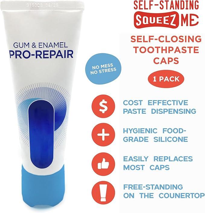 Chrome Cherry SqueezMe Self-Closing Toothpaste Caps, Silicone Lid for Kids & Adults, No Mess Toothpaste Dispenser, Self-Standing Easy Squeezer Cap, Bathroom Accessory, Self-Standing Blue, Pack of 1 - ModernBath
