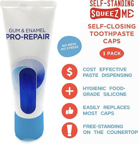 Chrome Cherry SqueezMe Self-Closing Toothpaste Caps, Silicone Lid for Kids & Adults, No Mess Toothpaste Dispenser, Self-Standing Easy Squeezer Cap, Bathroom Accessory, Self-Standing Blue, Pack of 1 - ModernBath