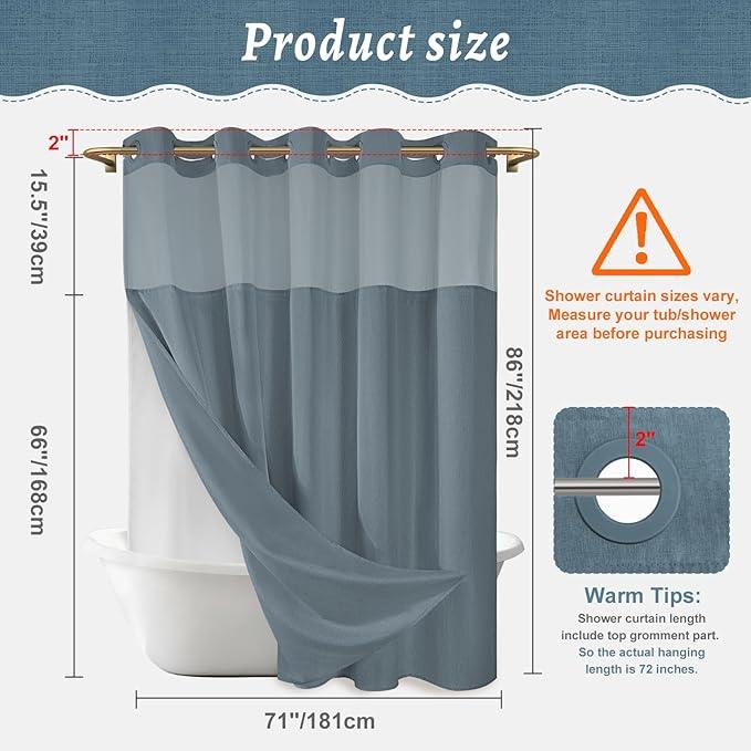 WONICY Extra Long No Hook Shower Curtain with Snap in Liner, Polyester Textured Shower Curtain with Liner Set, Waterproof Washable Hotel Style Shower Curtains for Bathroom, 71Wx86H, Blue Grey - ModernBath