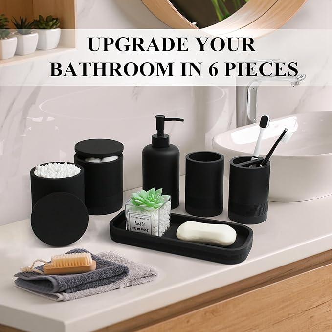 LIN CHUAN 6-Piece Bathroom Accessories Set, Organizer Set with Soap Dispenser, Toothbrush Holder Set, Vanity Tray, Tumbler & 2 Cotton Swab Jars – Modern Stylish Bathroom Storage(Matte Black) - ModernBath
