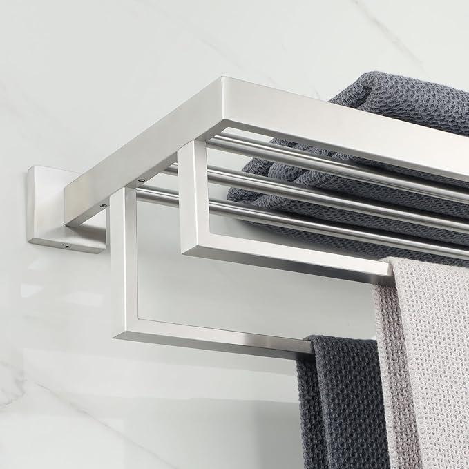 Alise Towel Rack with Double Towel Bars 24 Inch Towel Racks for Bathroom Wall Mounted,Bathroom Towel Holder Square Towel Hanger,SUS304 Stainless Steel Towel Shelf with Towel Bar,Brushed Nickel - ModernBath