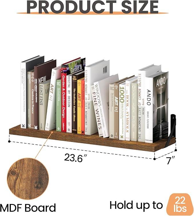 upsimples Floating Book Shelves for Wall, 23.6 Inches Floating Wood Shelves for Living Room, Laundry Room, Bedroom, Office Organizer and Storage, Brown - ModernBath