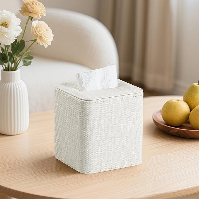 Cretkhp Square Tissue Box Cover with Magnetic Closure, Modern PU Leather Tissue Box Holder for Bathroom Vanity Countertop Night Stands Bedroom Office Desk, Stylish Cube Tissue Holder (Cream) - ModernBath