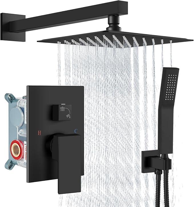 Aolemi Shower Faucet Set Rain Shower System with Handheld Spray Bathroom Shower Combo Rough-in Valve and Shower Trim Kit Included Matte Black 8 Inch Wall Mount Shower Head - ModernBath