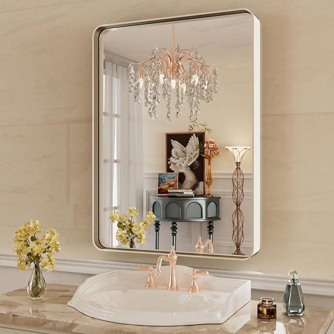 WEER 22X30 Inch Brushed Nickel Bathroom Mirror, Brushed Silver Metal Frame Mirror, Rounded Rectangle Silver Bathroom Vanity Mirror, Tempered Glass, Anti-Rust, Hangs Horizontally or Vertically - ModernBath